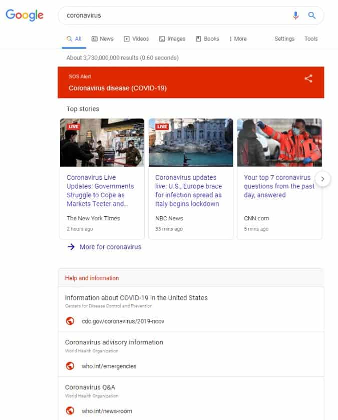 COVID-19 alert on google