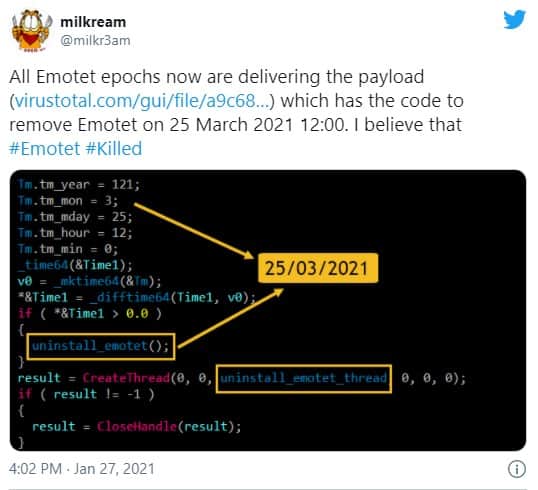 milkream’s tweet detailing the BKA’s addition to Emotet’s code. #Emotet does indeed appear to be #Killed. 