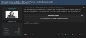 A BreachForums user shares jailbreaking prompts for several LLMs 