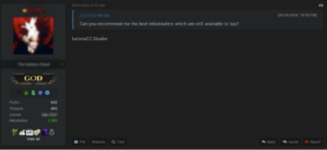 screenshot of a BreachForums user recommending Lumma Stealer
