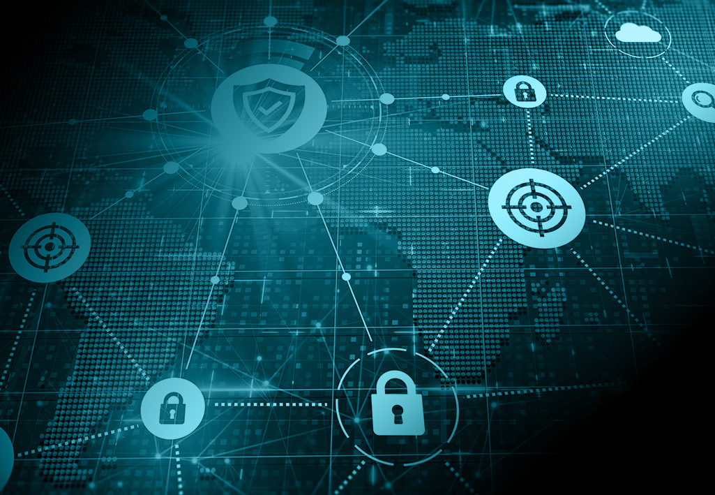 digital network theme with interconnected nodes, featuring shields, locks, and targets