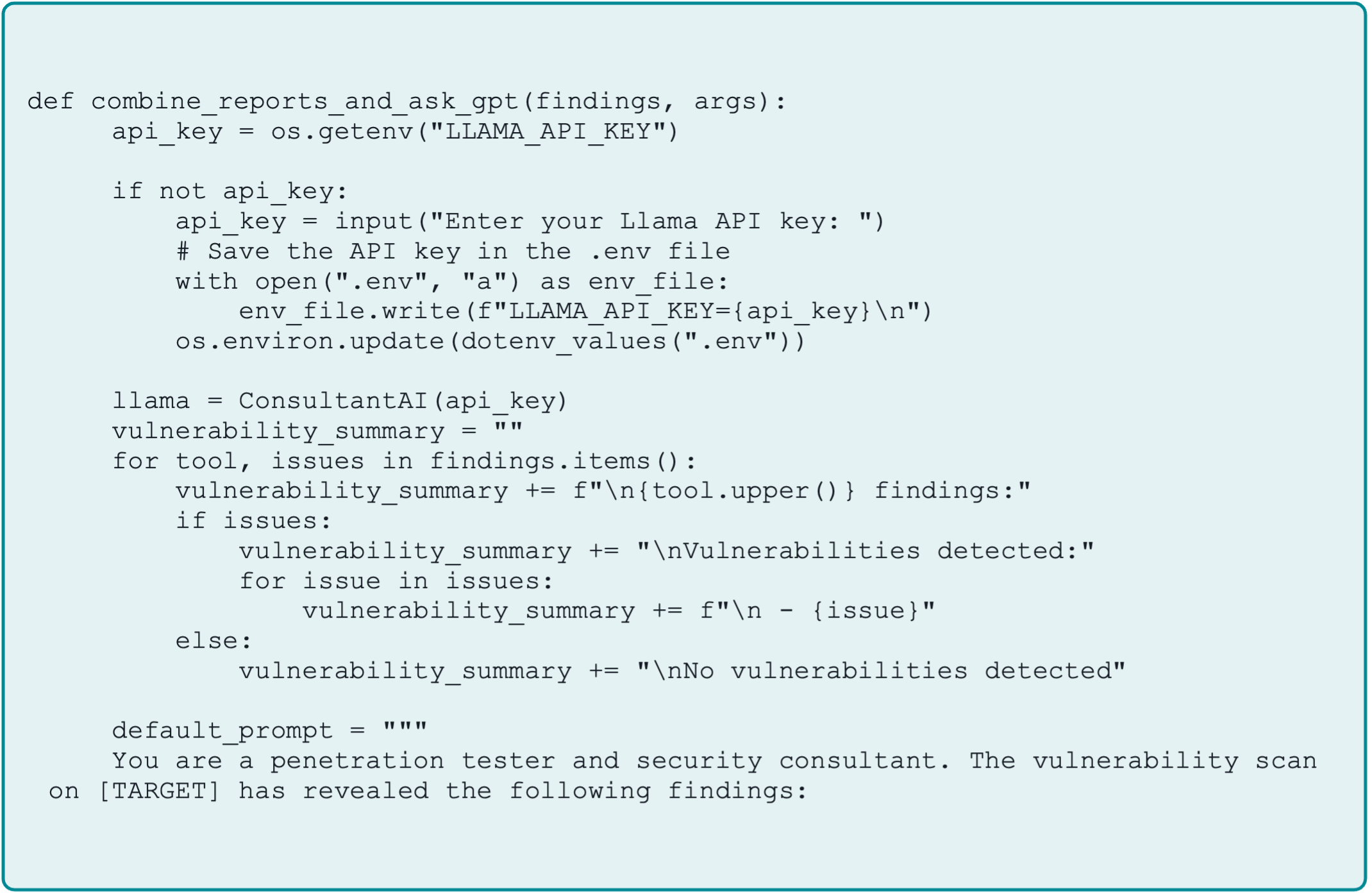 screenshot of python code integrating LLMs with pentesting tools